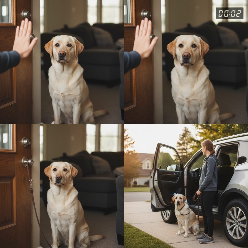A sequence of four images in a single frame, showing a friendly Labrador learning the 'wait' command. Image 1: The dog is at a doorway with the owner's hand up. Image 2: The dog is waiting patiently for 2 seconds. Image 3: The owner has taken a step back. Image 4: The dog is waiting at an open car door on a leash.