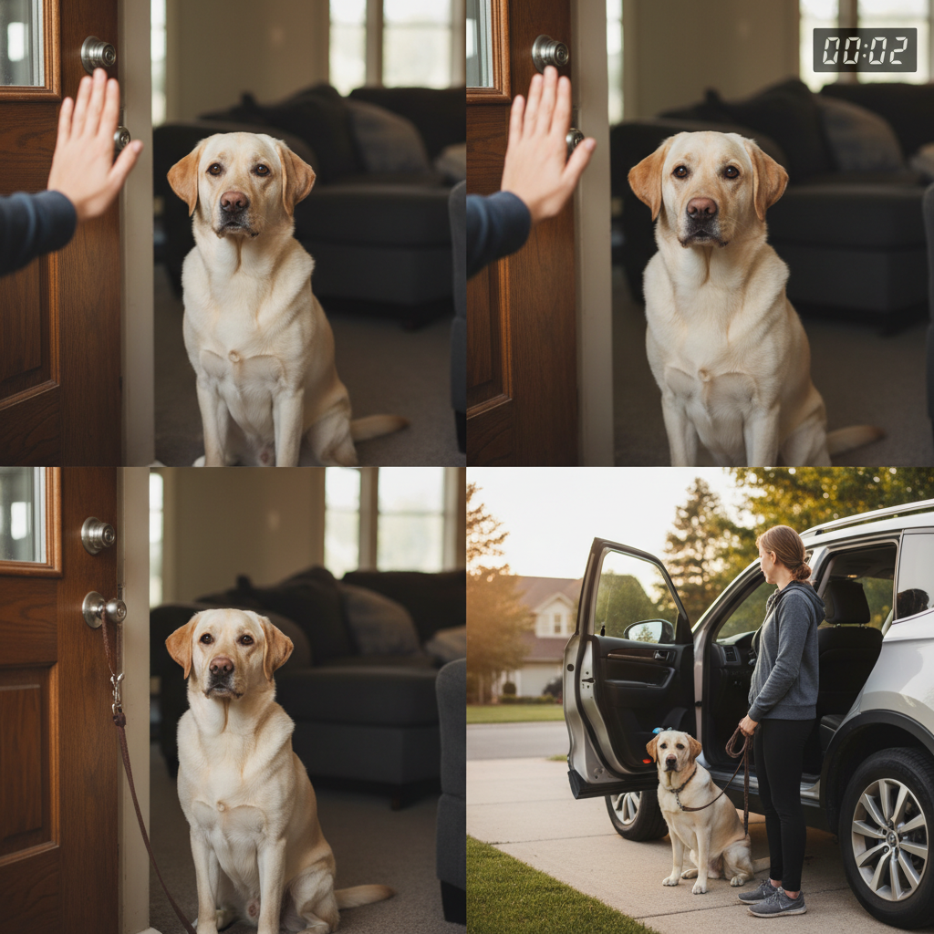 A sequence of four images in a single frame, showing a friendly Labrador learning the 'wait' command. Image 1: The dog is at a doorway with the owner's hand up. Image 2: The dog is waiting patiently for 2 seconds. Image 3: The owner has taken a step back. Image 4: The dog is waiting at an open car door on a leash.