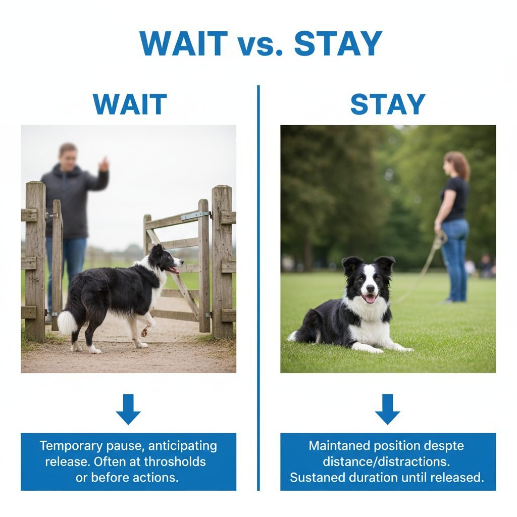 An clear, infographic-style image comparing 'Wait' and 'Stay'. On the left, a Border Collie is paused mid-stride at an open gate, looking at its owner ('Wait'). On the right, the same dog is in a perfect 'down-stay' in a park while its owner is 20 feet away ('Stay').