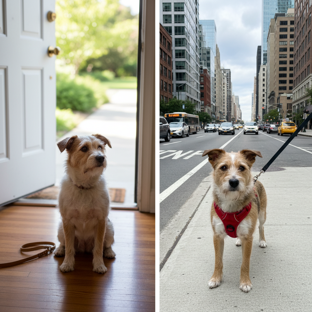 A split-screen image. On the left, a scruffy terrier waits patiently behind an open front door, looking up at its owner. On the right, the same terrier waits calmly at a curb, leash taut, as city traffic passes by in the background.