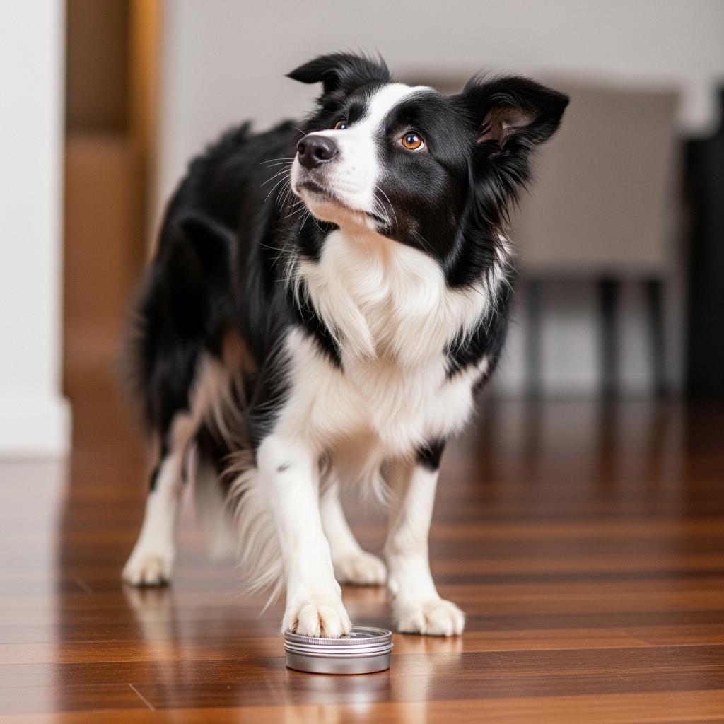 A focused Border Collie in mid-action, placing its paw directly on a small metal scent tin on the floor while looking up at its owner for a reward. The scene captures the 'alert' moment of the training.