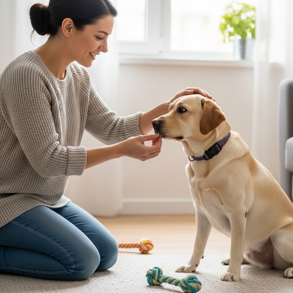 A friendly-looking dog owner kneeling on the floor, offering a treat and a gentle pat to their slightly confused-looking Labrador. The scene conveys patience and positive reinforcement during a challenging training moment at home.