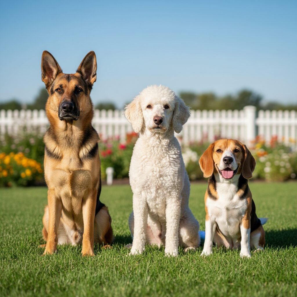 A diverse lineup of three dogs—a focused German Shepherd, an attentive Poodle, and a happy-go-lucky Beagle—sitting side-by-side on a green lawn, all looking expectantly at the camera, ready for a challenge.