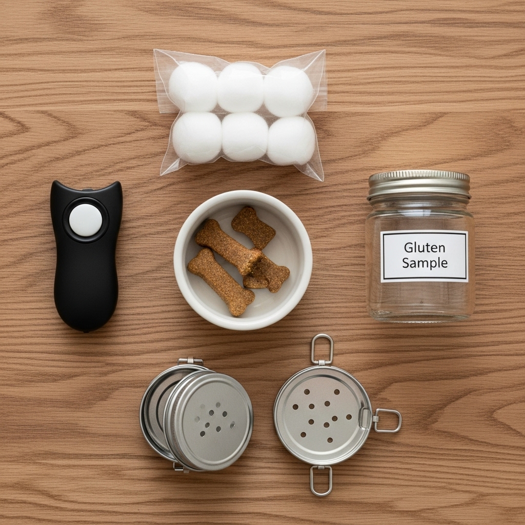 A neat flat lay arrangement on a clean wooden surface. It includes a clicker, a small bowl of high-value treats, several small metal tins (some with holes), a bag of cotton balls, and a securely sealed glass jar labeled 'Gluten Sample'.