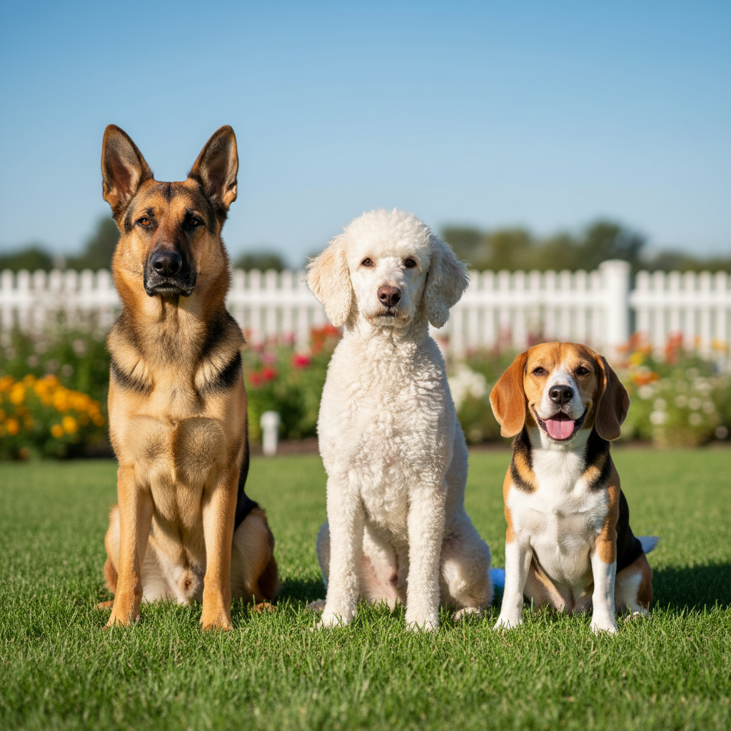 A diverse lineup of three dogs—a focused German Shepherd, an attentive Poodle, and a happy-go-lucky Beagle—sitting side-by-side on a green lawn, all looking expectantly at the camera, ready for a challenge.