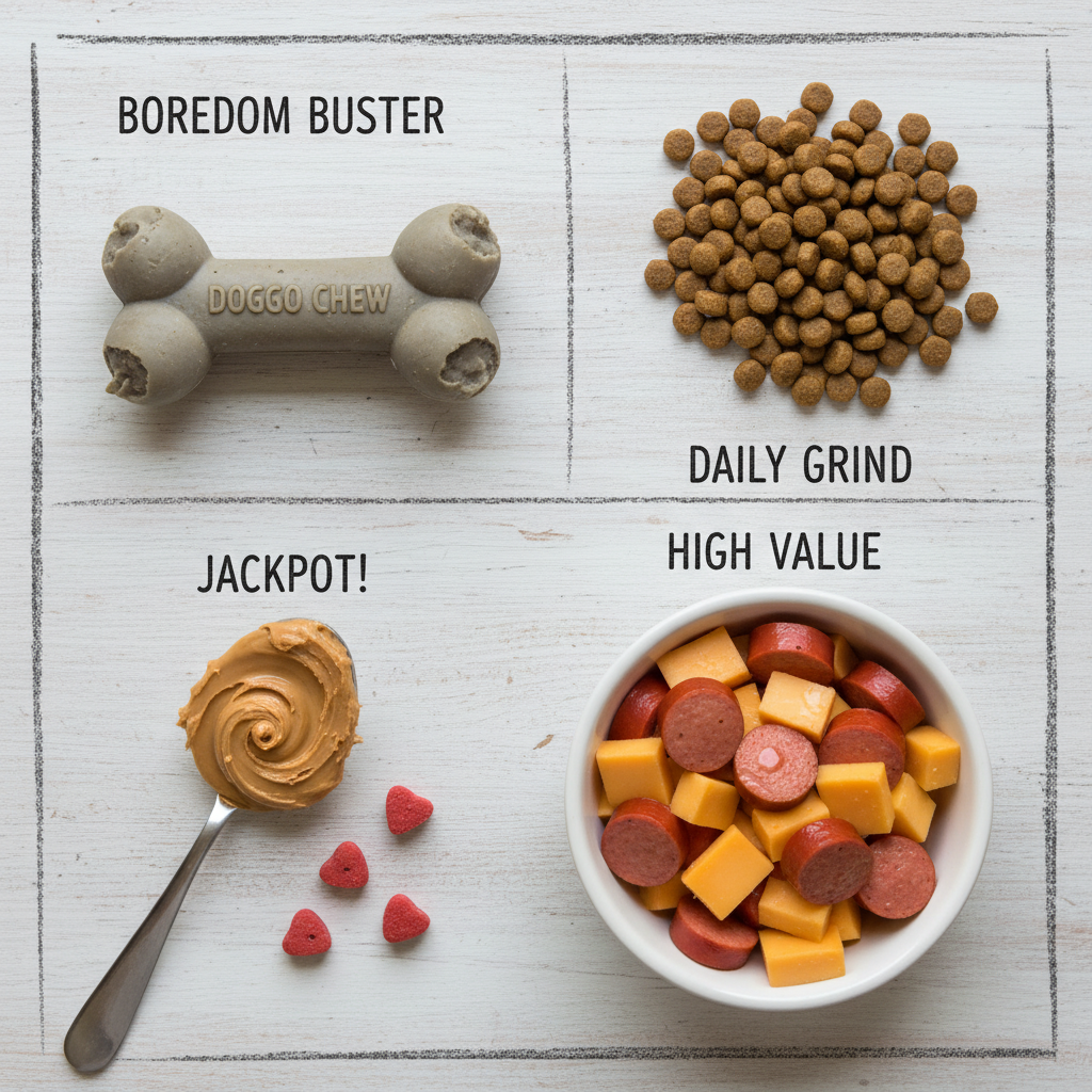 A vibrant flat-lay photograph on a light wood background showcasing the training toolkit. There are sections for different items: a boring chew toy, a small pile of kibble, a bowl of cubed cheddar cheese and hot dog slices, and a special 'jackpot' item like a dollop of peanut butter on a spoon.