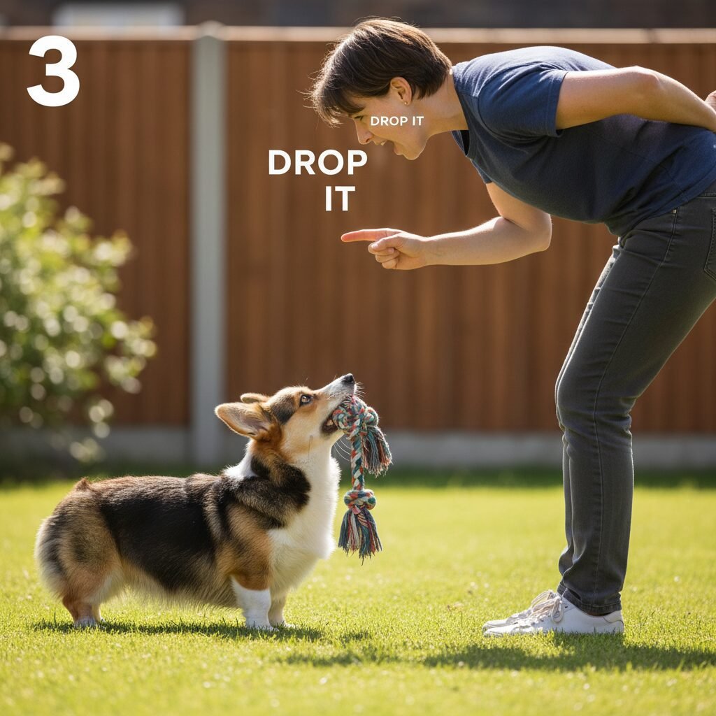 A clear, instructional photo showing step 3 in action. A person is giving the verbal cue to a Corgi, who is in the process of dropping a rope toy. The person's hands are visible, but one is clearly behind their back, hiding the reward. The dog's expression is focused and cooperative.