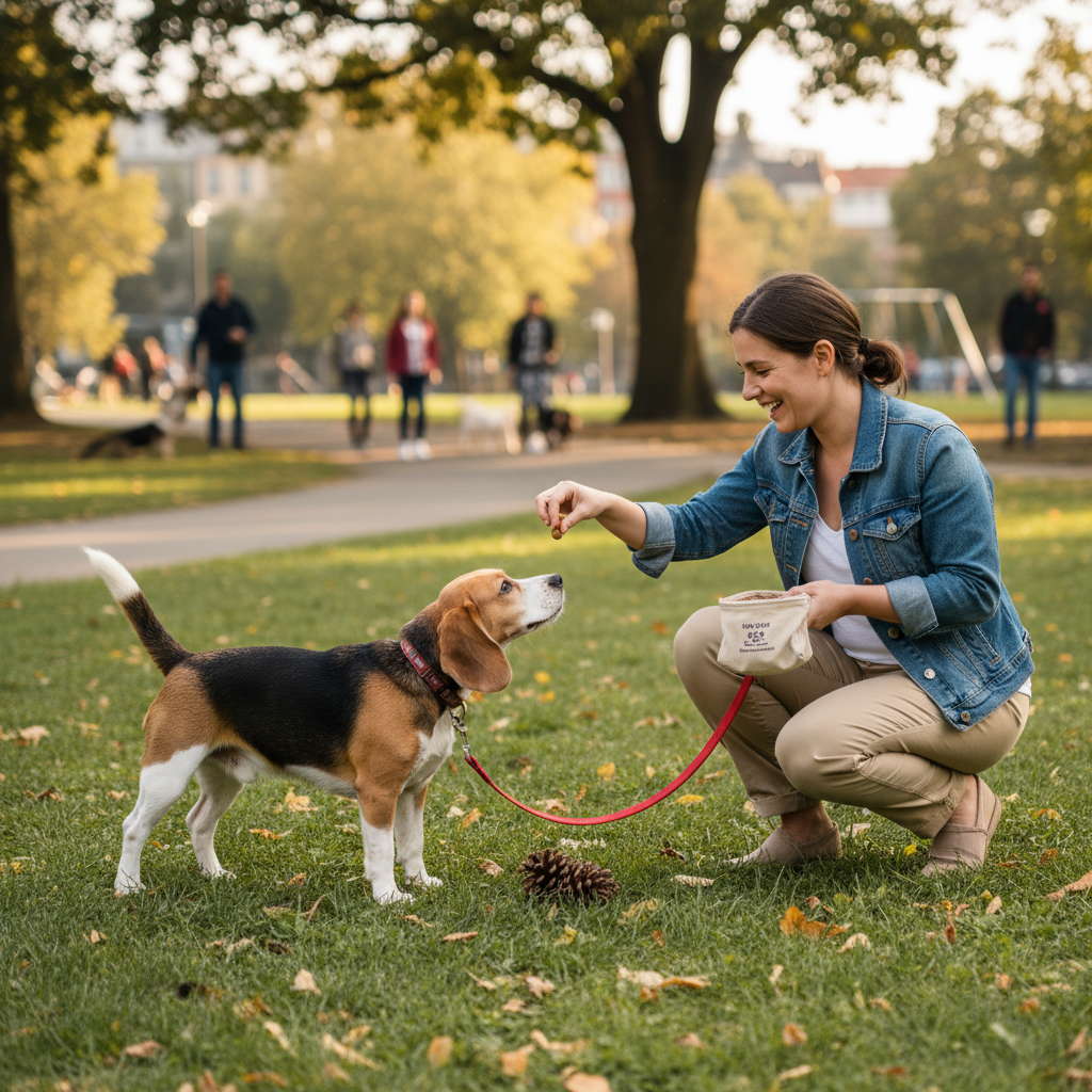A dynamic outdoor photograph of a person practicing the 'drop it' command with their Beagle on a leash in a park. The Beagle has just dropped a pinecone, and is looking up expectantly at its owner, who is smiling and about to give a jackpot reward. Other people and dogs are blurred in the background, indicating a distracting environment.