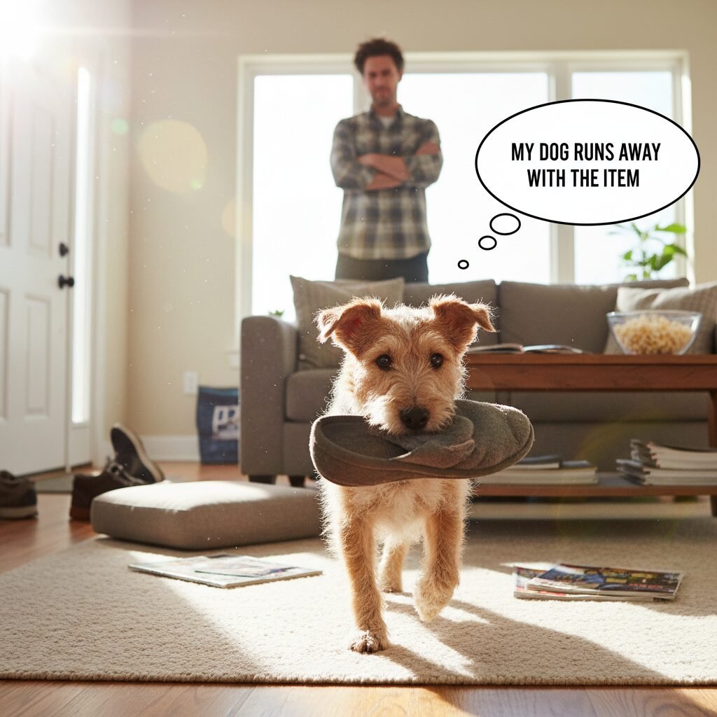 A relatable and slightly humorous photo of a scruffy terrier gleefully running through a living room with a stolen slipper in its mouth, its owner in the background looking exasperated but not angry. This image perfectly captures the 'my dog runs away with the item' problem.