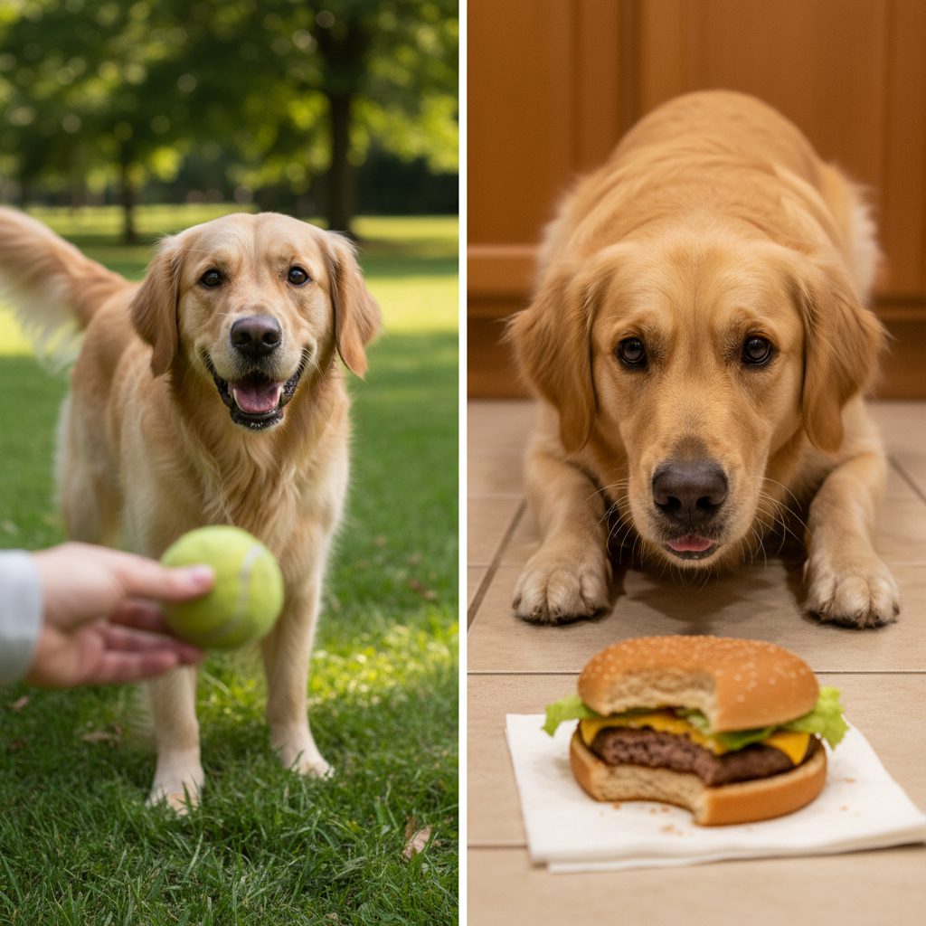 A split-screen style image. On the left, a happy Golden Retriever is casually dropping a well-loved tennis ball for its owner during a game of fetch in a sunny park. On the right, the same dog is intensely focused on a half-eaten hamburger on the kitchen floor, highlighting the dramatic difference in item value from the dog's perspective.