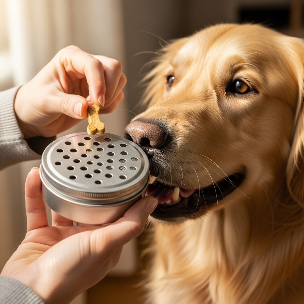 A close-up shot of a person's hand holding a small metal tin with holes. A happy Golden Retriever is gently touching the tin with its nose, its eyes bright with anticipation. The person's other hand is ready with a small treat.