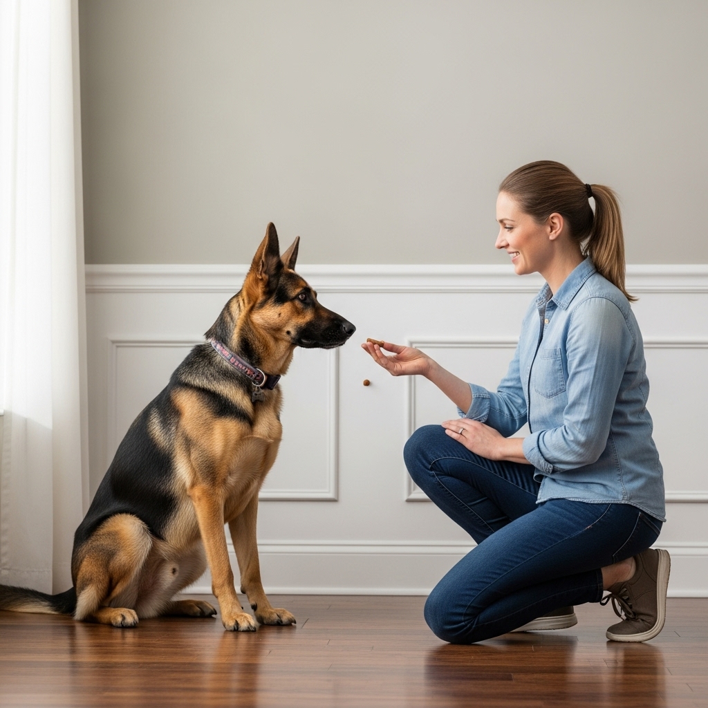 A German Shepherd dog is in a perfect 'sit' position, looking intently at its owner. The dog's nose is pointed directly at a specific spot on the baseboard of a wall, indicating the location of a hidden scent source. The owner is smiling and holding a treat.