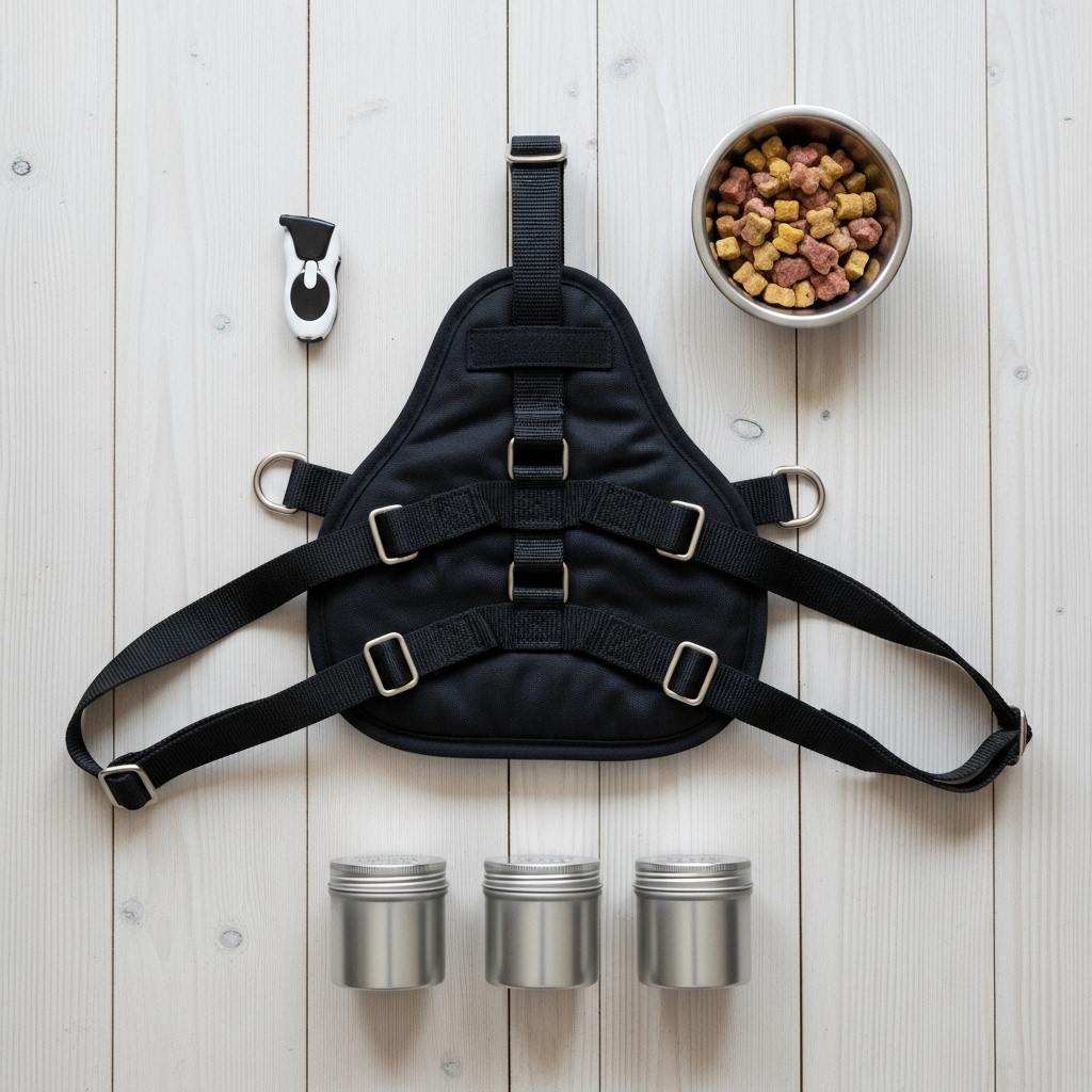 A flat-lay photograph of dog training supplies on a clean wooden floor. In the center is a special work harness, surrounded by a clicker, a small bowl of high-value treats (like chopped chicken), and a row of three identical small metal tins with holes punched in the lids.