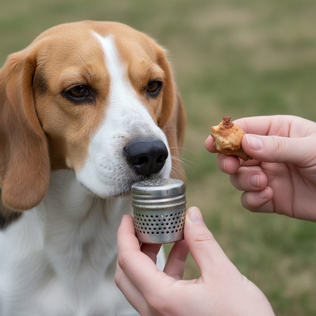 A close-up shot of a person holding a small tin with holes in it, as a Beagle's nose inquisitively touches the tin. The person's other hand is ready with a small piece of chicken as a reward.