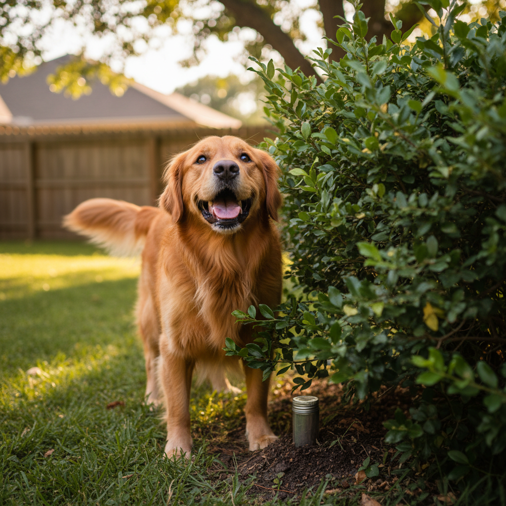 A Golden Retriever successfully finding a small scent container partially hidden under a bush in a green backyard, looking up at its owner with an excited expression, ready for its reward.