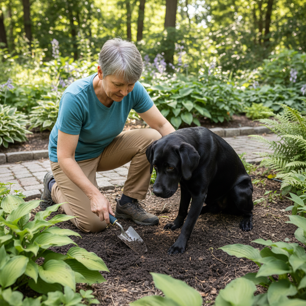 A person carefully digging with a small trowel in the exact spot where a focused black Labrador is pointing with its paw. The scene is in a controlled outdoor setting, like a garden.