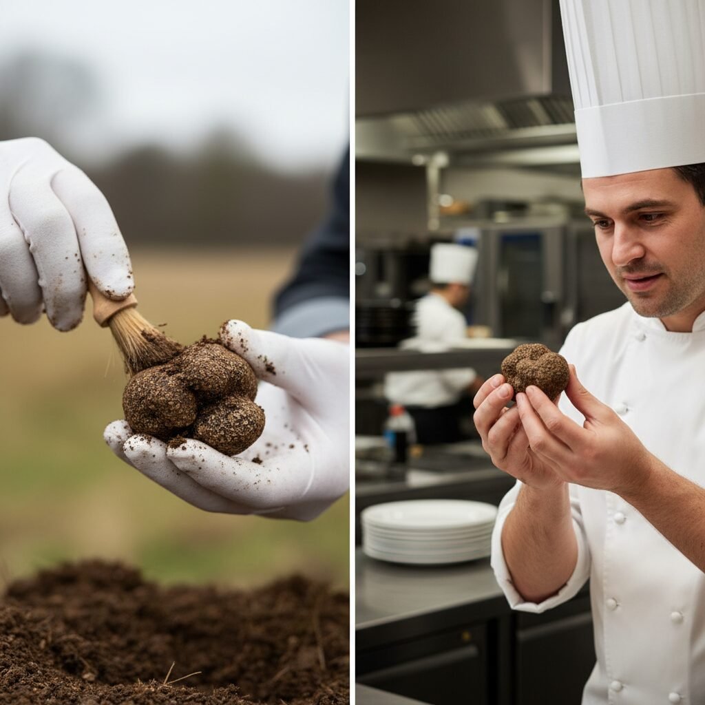 A split-screen image. On the left, a person's hands are carefully brushing dirt off a freshly unearthed truffle. On the right, a chef in a professional kitchen is inspecting that same truffle with admiration.