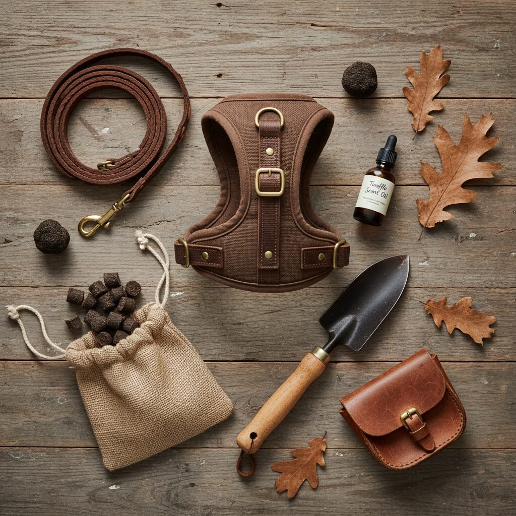 A flat lay of truffle hunting gear on a rustic wooden background: a comfortable dog harness, a long leash, a bag of high-value treats, a small bottle of truffle scent oil, a garden trowel, and a small pouch.
