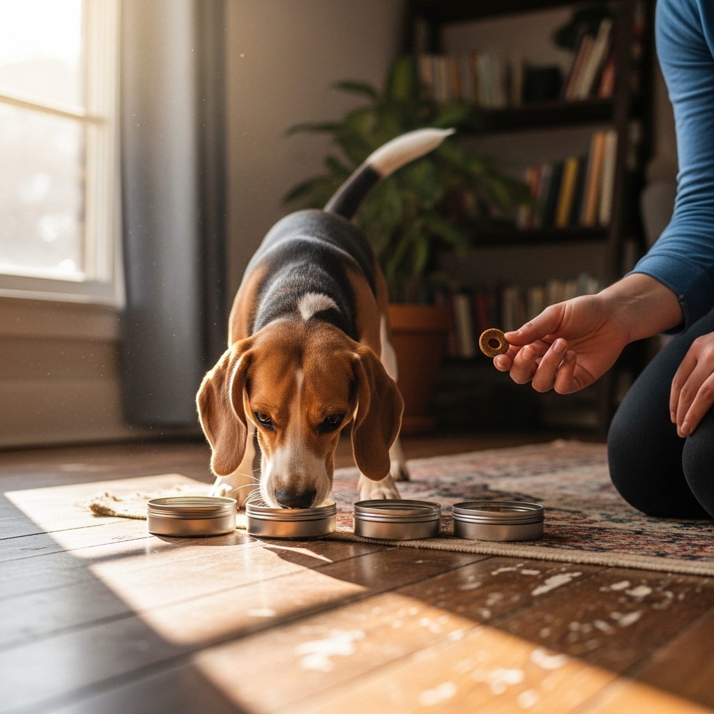 A Beagle with its nose intently focused on one of three small metal tins lined up on a living room floor, while its owner holds a treat, ready to reward.