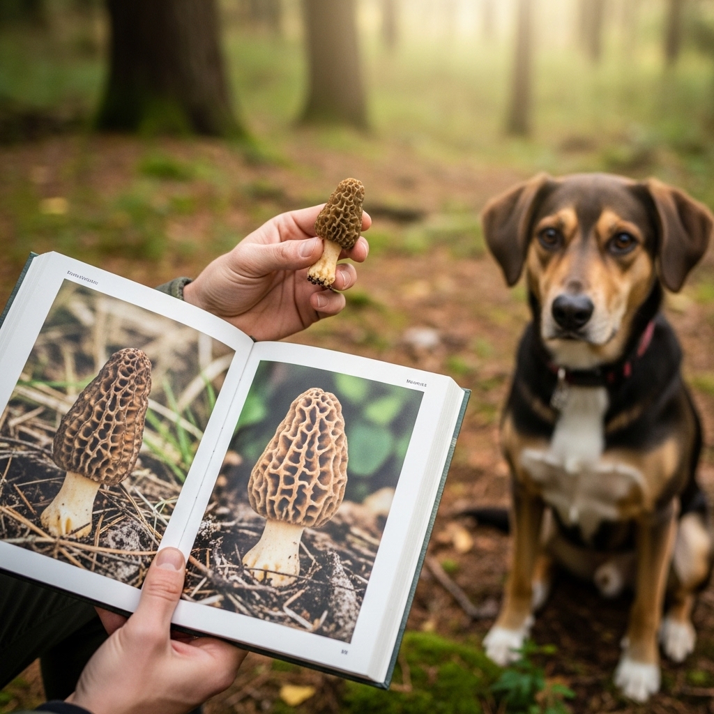 A person's hands carefully holding a morel mushroom, comparing it to a picture in an open field guide book, with their attentive dog sitting patiently beside them in the forest.