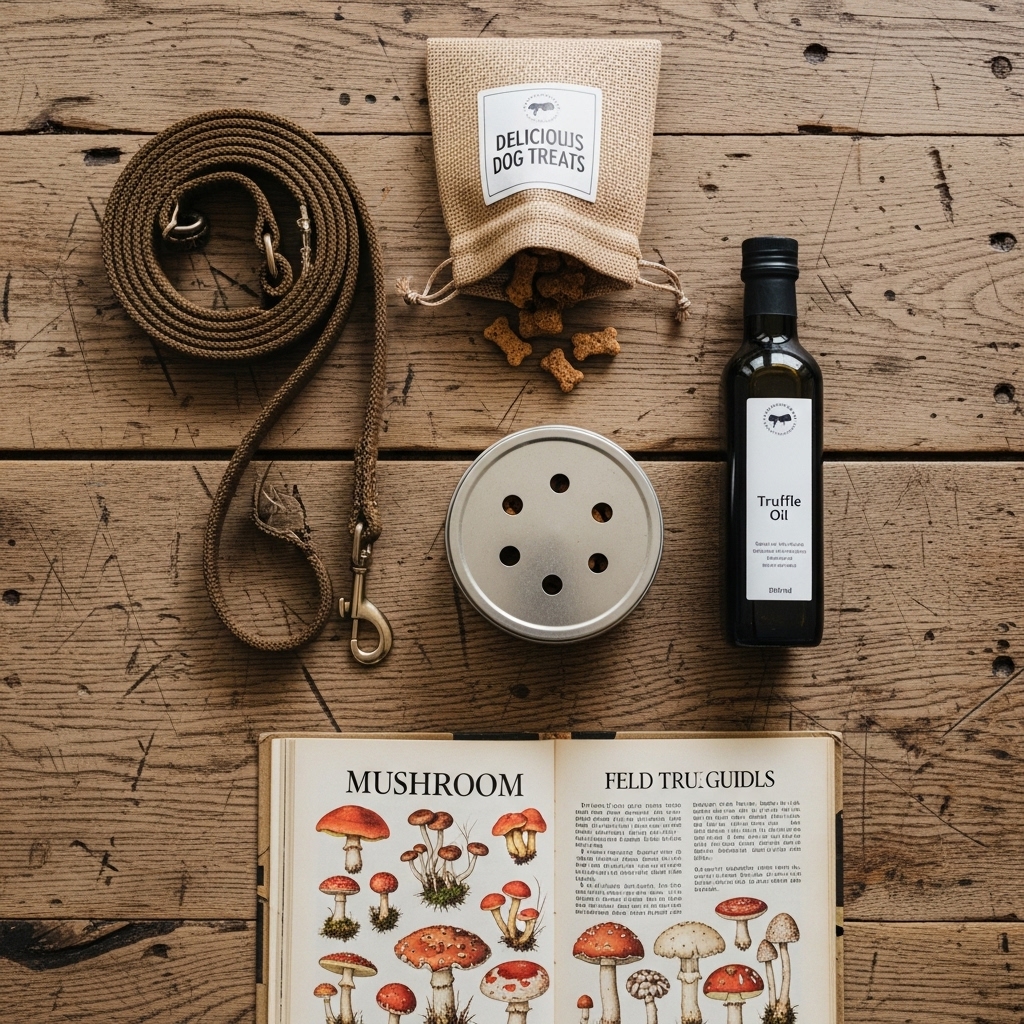 A flat lay on a rustic wooden table displaying mushroom hunting gear for a dog: a small tin with holes, a bottle of truffle oil, a bag of delicious dog treats, a long-leash, and a field guide to mushrooms.