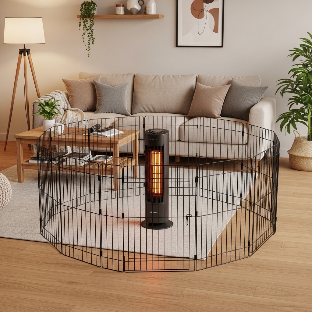 A wide shot of a living room where a sturdy, black metal pet playpen is set up to form a secure circle around a space heater, creating a clear and effective 'no-go zone'.