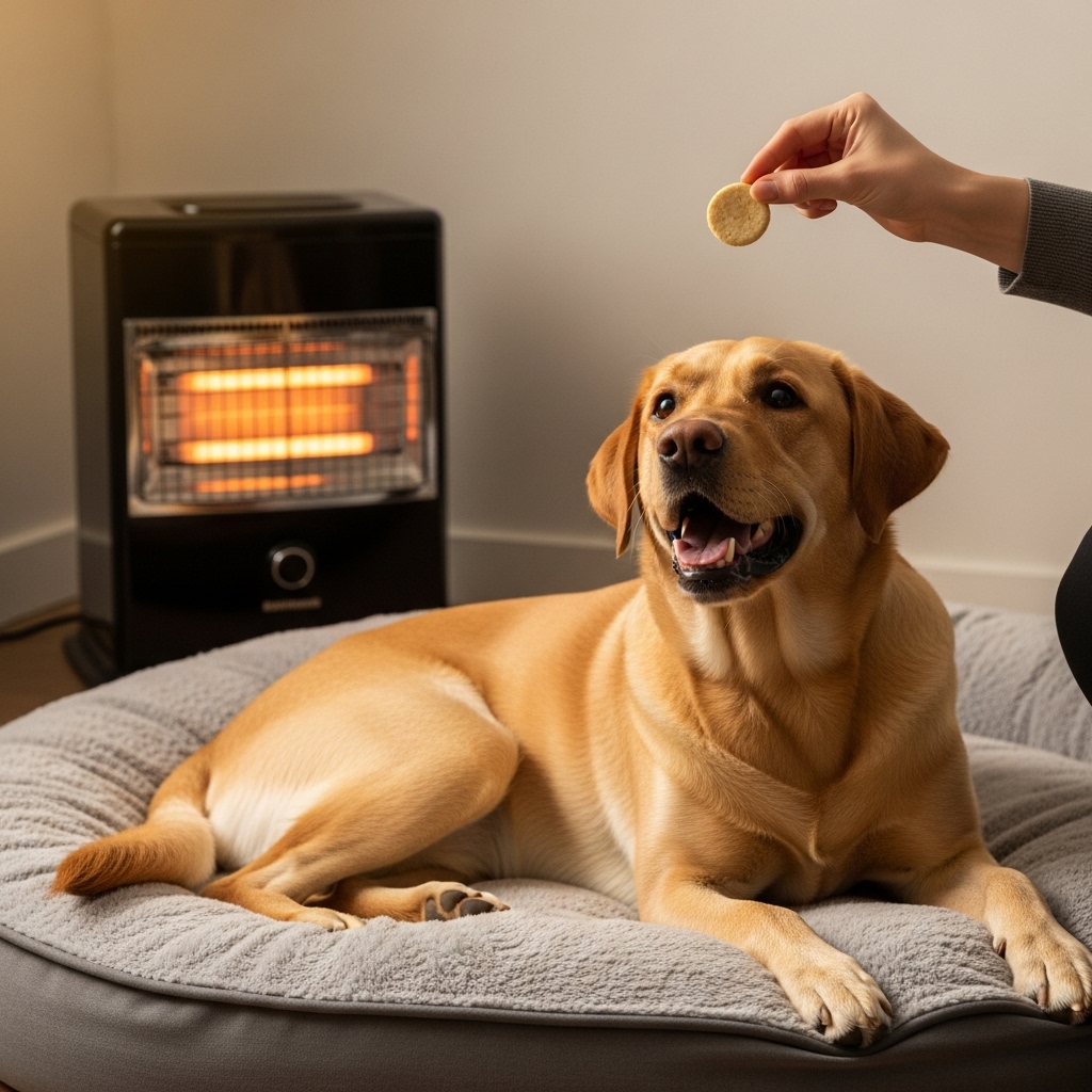 A person is giving a tasty treat to a happy Labrador retriever that is lying calmly on a round dog bed. In the background, out of focus, is the space heater, illustrating a successful training moment.
