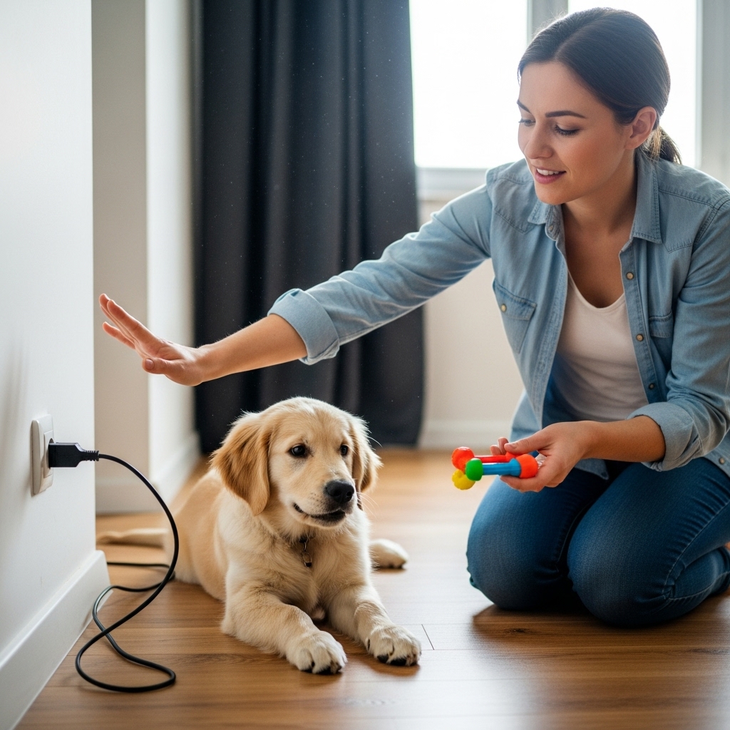 A slightly frustrated but loving pet owner is redirecting a playful puppy away from a power cord with one hand, while offering a colorful chew toy with the other hand. The scene is relatable and educational.