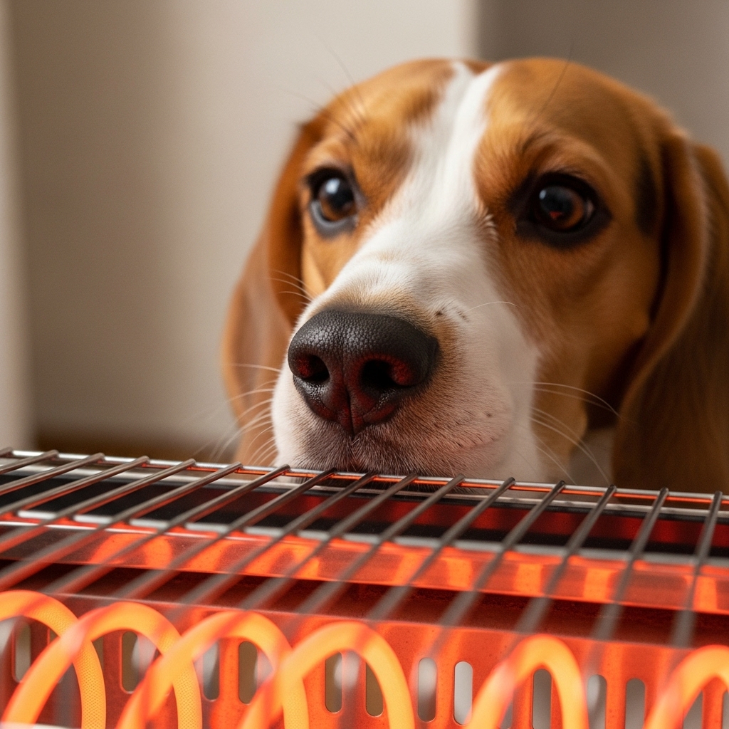 A close-up shot focusing on a curious Beagle sniffing dangerously close to the hot metal grate of a portable space heater. The mood is one of caution and warning.