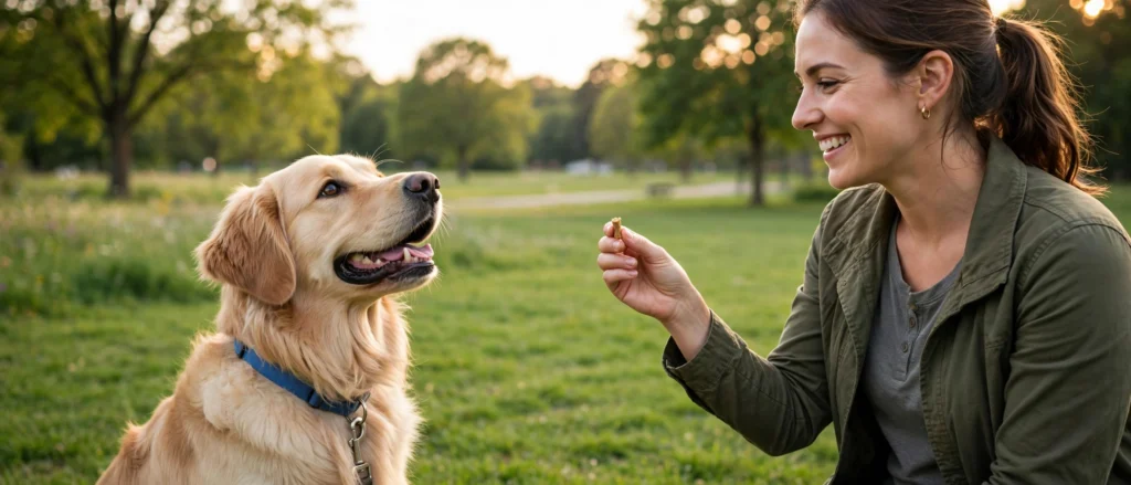 Happy dog and trainer